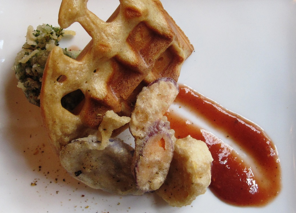 Savory Waffle with Vegetable Tempura and Spiced Plum Sauce