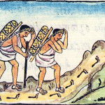 This 16th century drawing from Bernardino de Sahagun's history of New Spain depicts Aztec pochteca traders en route. This is the manner in which cacao travelled the trade routes.