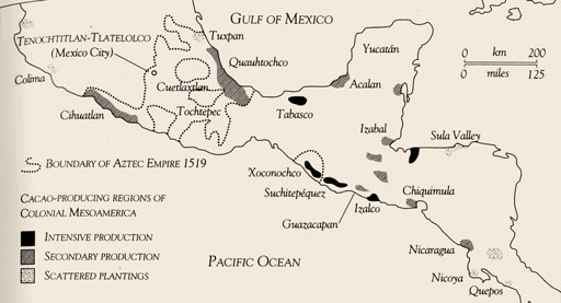 The Olmecs, Mayans, Aztecs, and cacao shared this region of Mesoamerica.