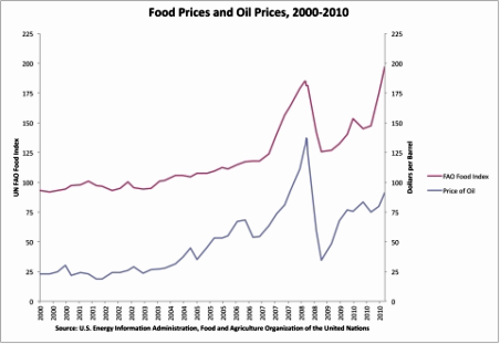 Food prices vs oil prices. Source: US Energy Information Administration and FAO.