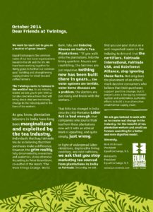 Equal Exchange's open letter to Twinings Tea, 2014, soliciting their help in keeping standards robust and tea workers safe.