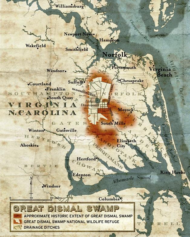 Map showing location and extent of the Great Dismal Swamp.