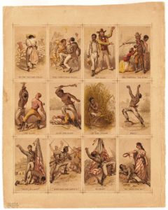 Romanticized propaganda from the North: Twelve illustrated cards present the journey of a slave from plantation life to the struggle for liberty, for which he gives his life, as a Union soldier during the Civil War. The messaging is overt, particularly in the last card, wherein the freed slave has died for white liberty. (Artists: James Fuller Queen and Henry Louis Stephens; 1860s)