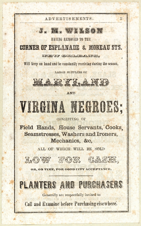 Poster advertising a slave sale in New Orleans, around 1857.